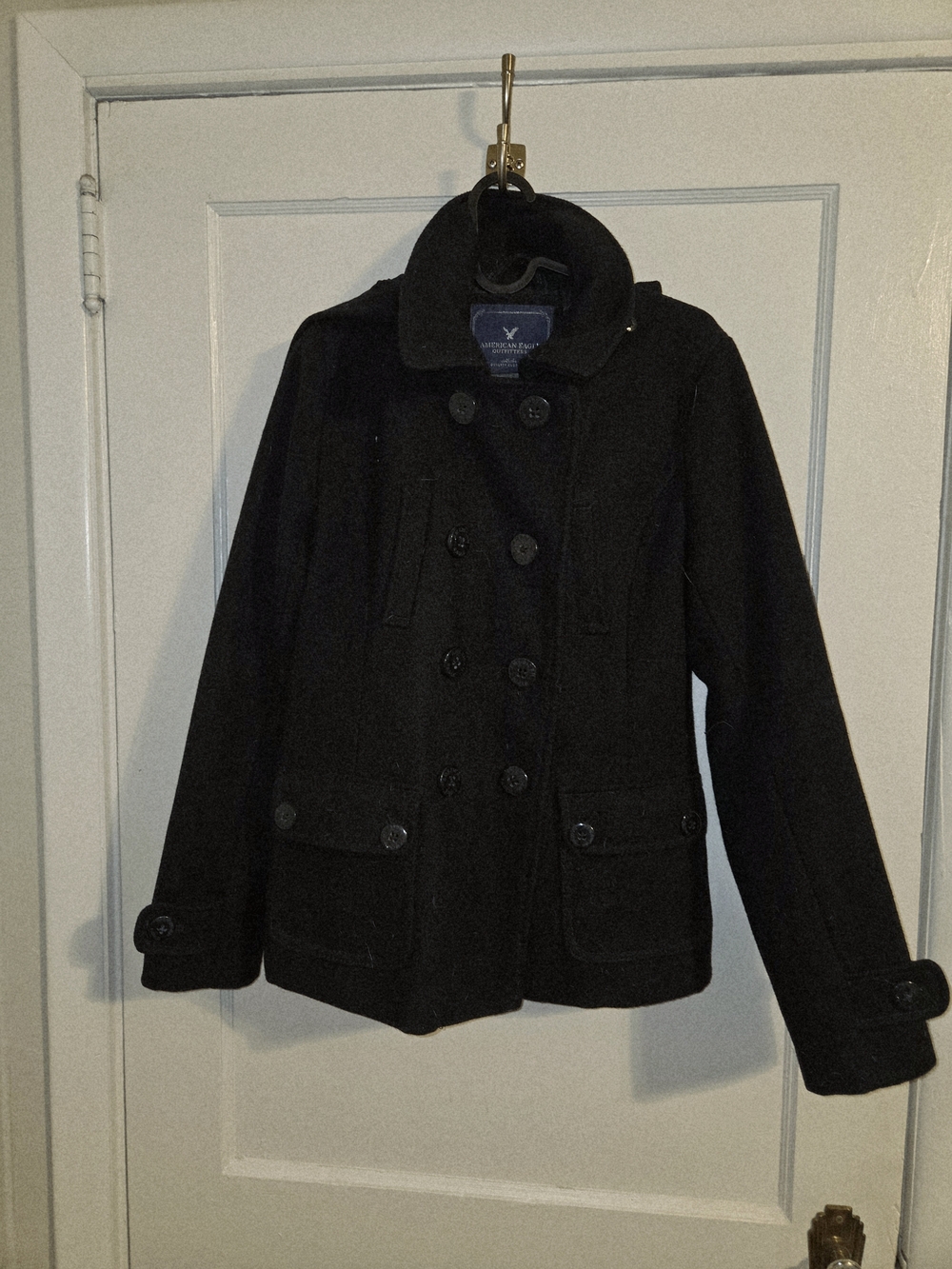 Women's Black Double-Breasted Wool Blend Peacoat